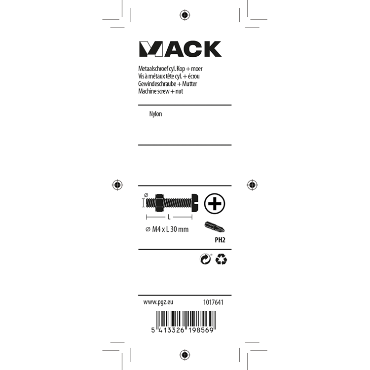 Afbeelding laden in galerijviewer, Mack 1017641 - metaalschroef cyl. kop + moer nylon 6 st m4 x 30 mm | 10 stuks