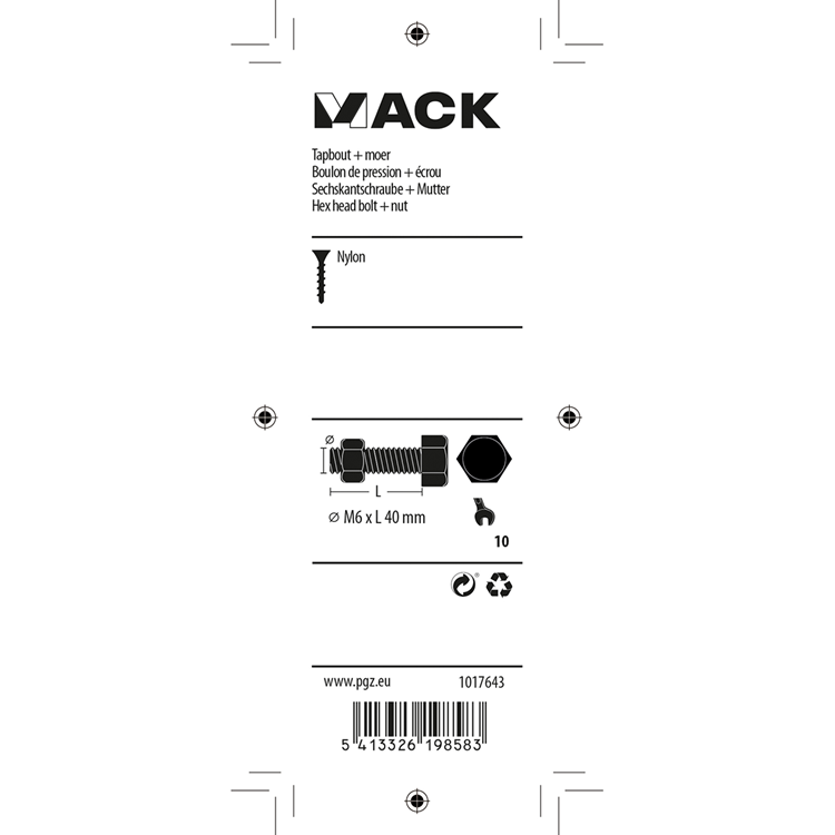 Afbeelding laden in galerijviewer, Mack 1017643 - tapbout + moer nylon 5 st m6 x 40 mm | 10 stuks