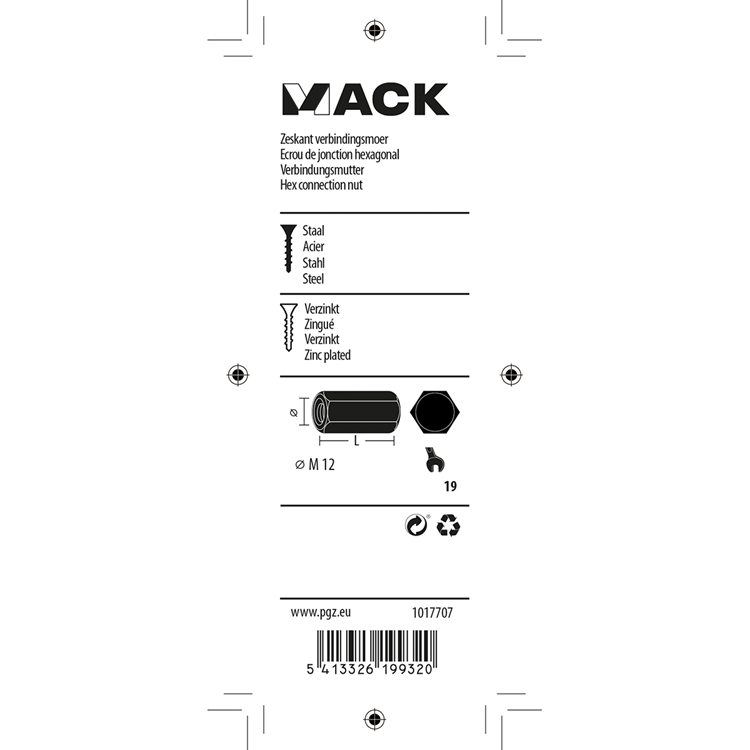 Afbeelding laden in galerijviewer, Mack 1017707 - zeskant verbindingsmoer verzinkt 1 st m12 | 5 stuks