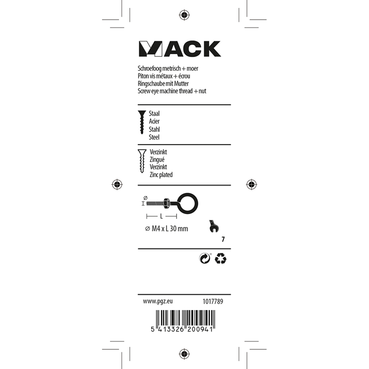 Afbeelding laden in galerijviewer, Mack 1017789 - schroefoog metrisch + moer verzinkt 5 st m4 x 30 mm | 10 stuks