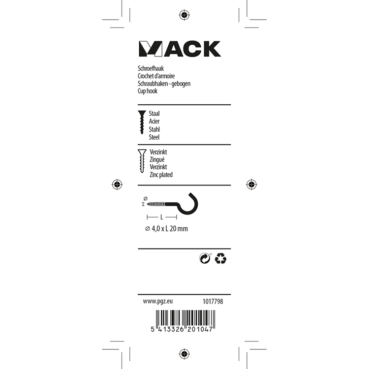 Afbeelding laden in galerijviewer, Mack 1017798 - schroefhaak staal verzinkt 8st 4,0 x 20 mm | 10 stuks