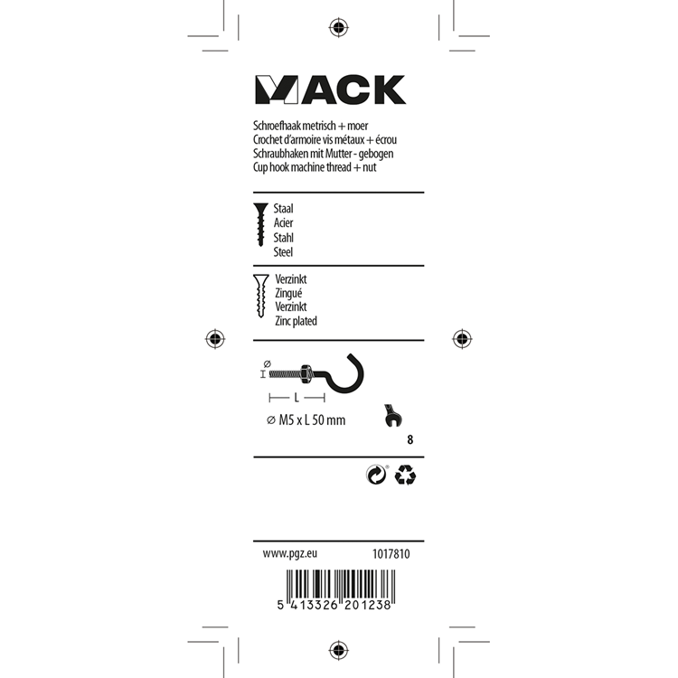 Afbeelding laden in galerijviewer, Mack 1017810 - schroefhaak metrisch + moer verzinkt 4st m5 x 50 mm | 10 stuks
