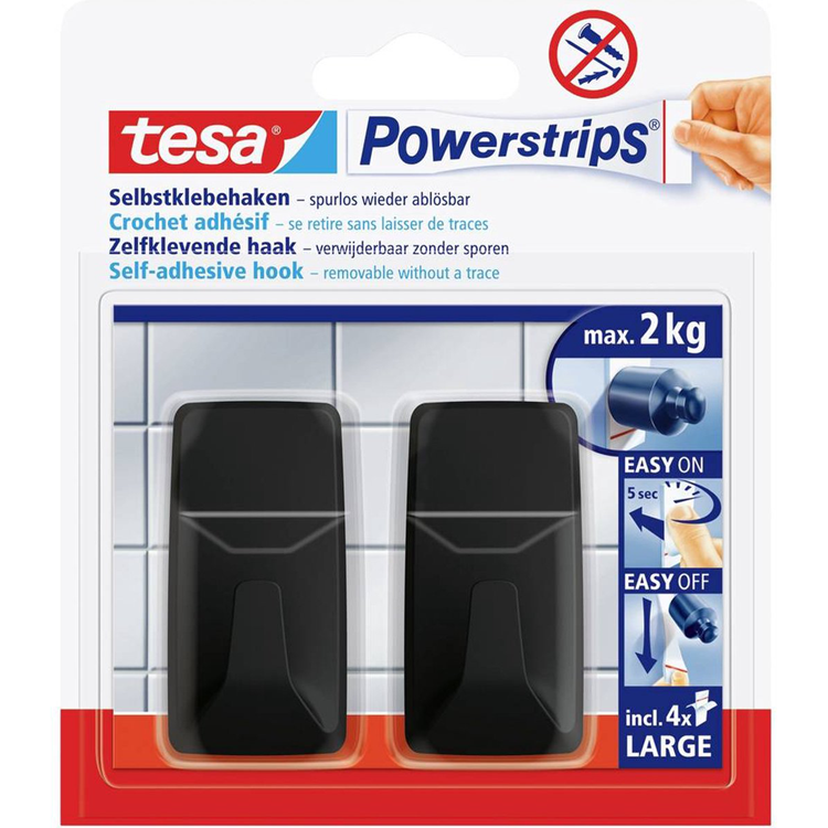 Afbeelding laden in galerijviewer, Tesa black hooks l powerstrips kleefhaak groot vierkant (b x h) 20 mm x 50 mm zwart inhoud: 2 stuk(s)
