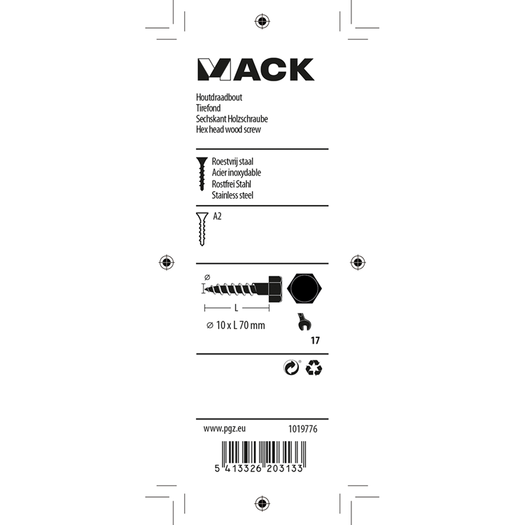 Afbeelding laden in galerijviewer, Mack 1019776 - houtdraadbout roestvrijstaal 2st 10 x 70 mm | 10 stuks
