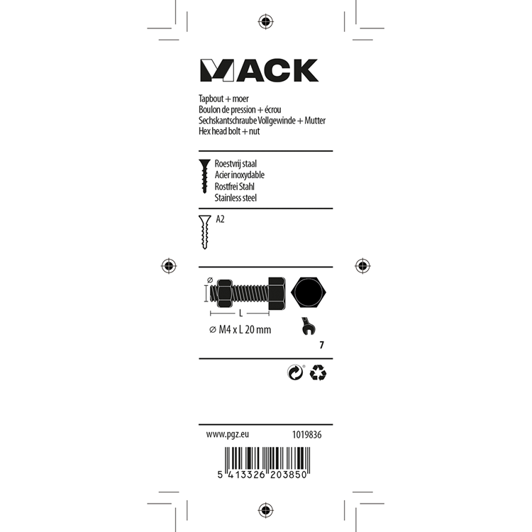 Afbeelding laden in galerijviewer, Mack 1019836 - tapbout + moer roestvrijstaal 10 st m4x20 | 10 stuks
