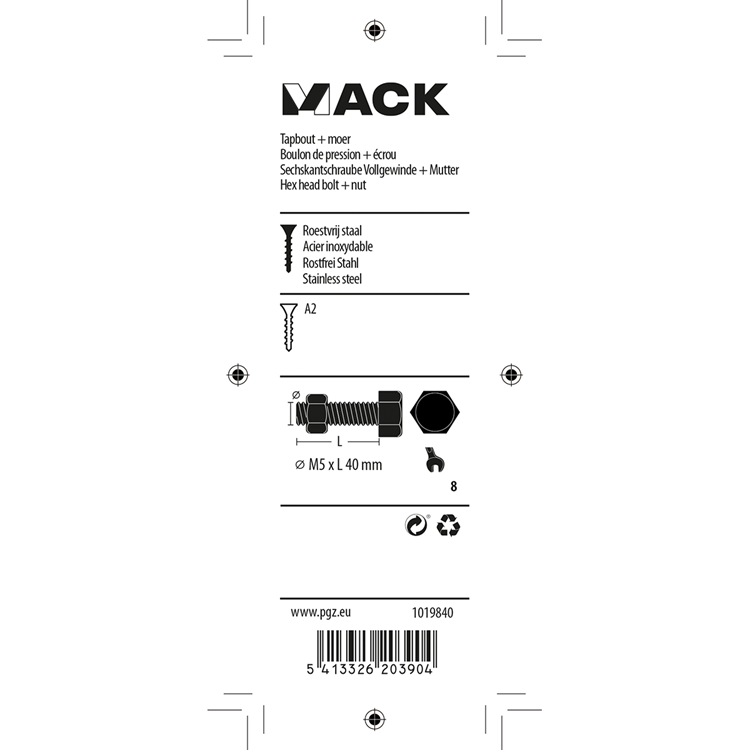 Afbeelding laden in galerijviewer, Mack 1019840 - tapbout + moer roestvrijstaal 5 st m5x40 | 10 stuks