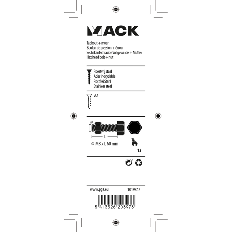 Afbeelding laden in galerijviewer, Mack 1019847 - tapbout + moer roestvrijstaal 2 st m8x60 | 10 stuks