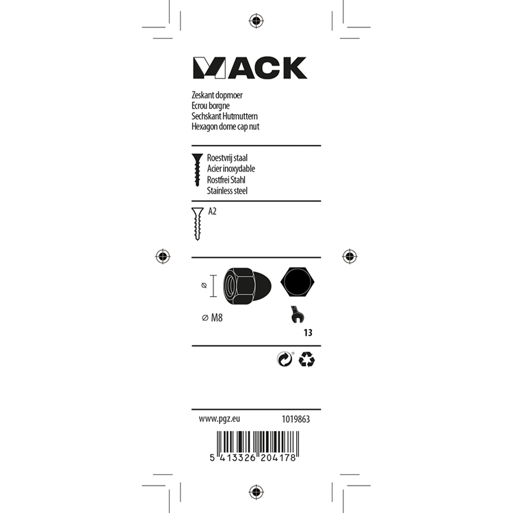 Afbeelding laden in galerijviewer, Mack 1019863 - zeskant dopmoer inox a2 2st m8 | 10 stuks