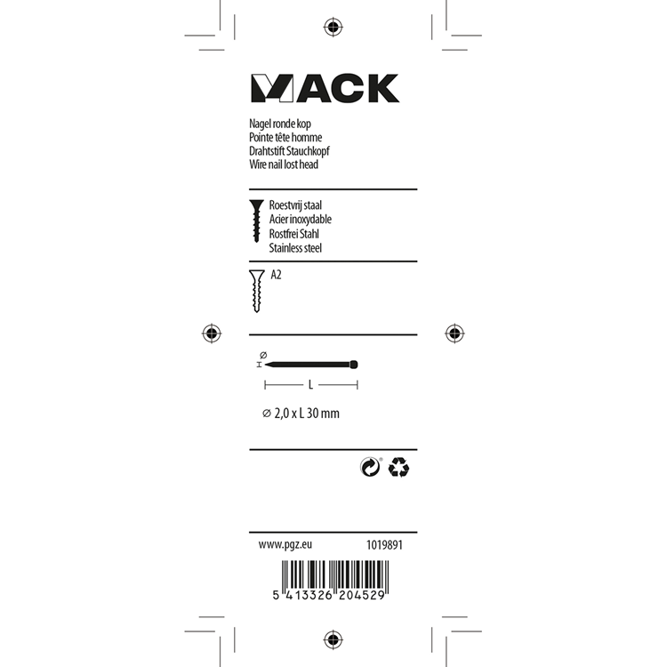 Afbeelding laden in galerijviewer, Mack 1019891 - nagel ronde kop inox a2 30st 2,0 x 30 mm | 10 stuks