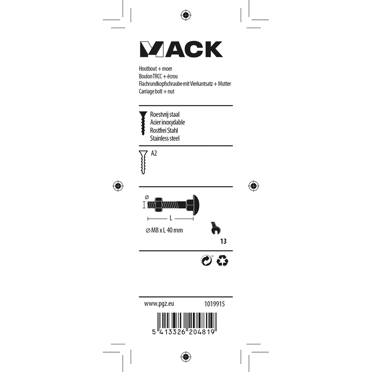 Afbeelding laden in galerijviewer, Mack 1019915 - houtbout + moer roestvrijstaal 4 st m8 x 40 mm | 5 stuks