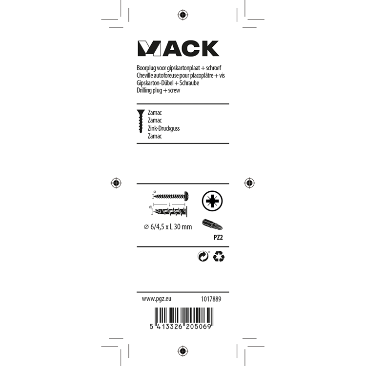 Afbeelding laden in galerijviewer, Mack 1017889 - boorplug vr gipskart.plt + schr.zamac 4st 6 x 38 mm | 10 stuks