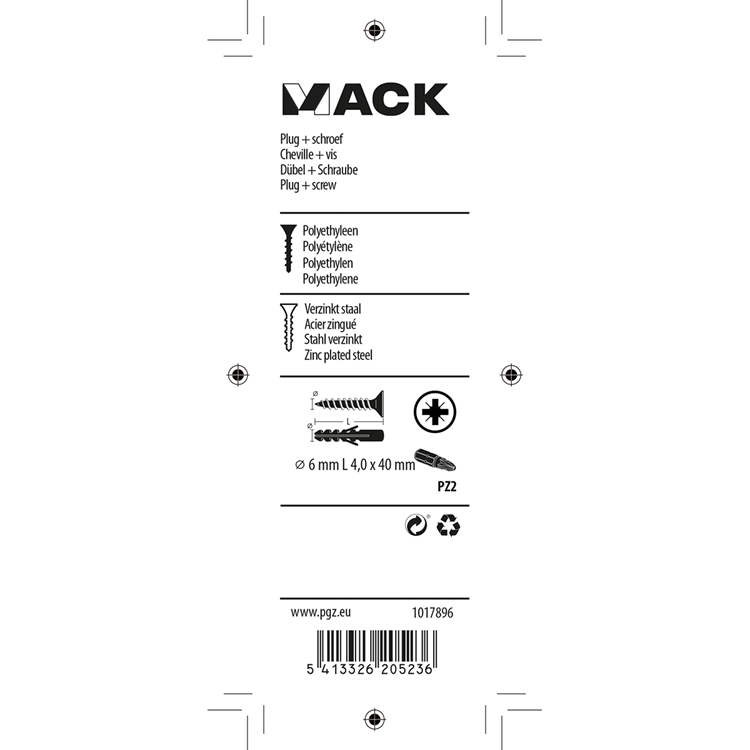 Afbeelding laden in galerijviewer, Mack 1017896 - plug + schroef polyethyleen 20 st 6 mm 4,0 x 40 mm | 5 stuks