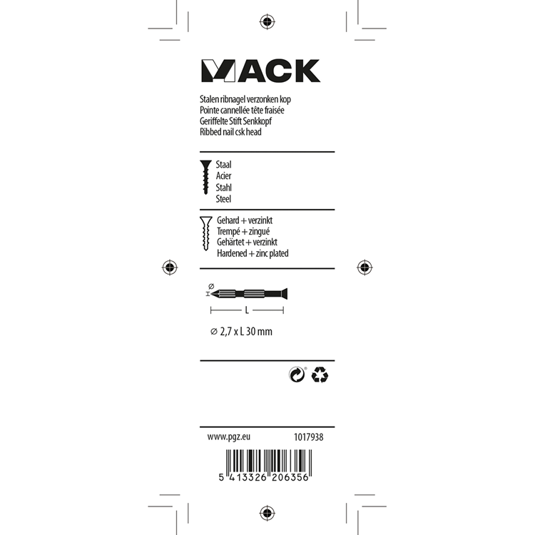 Afbeelding laden in galerijviewer, Mack 1017938 - stalen ribnagel vk st.gehard + verz 65st 2,7 x 30 mm | 5 stuks