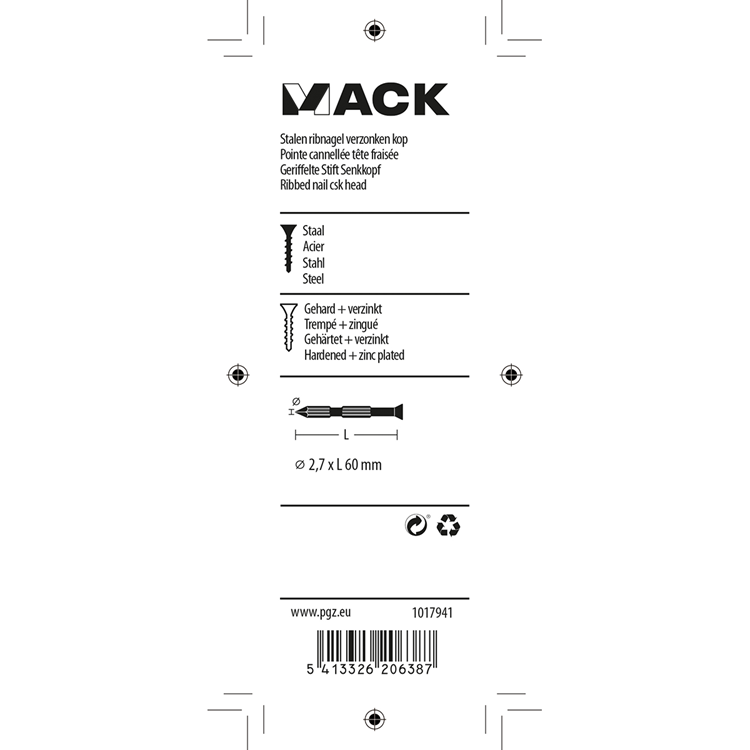 Afbeelding laden in galerijviewer, Mack 1017941 - stalen ribnagel vk st.gehard + verz 45st 2,7 x 60 mm | 10 stuks