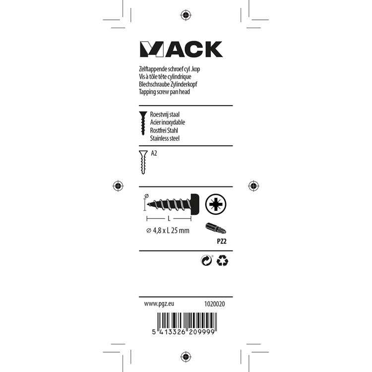 Afbeelding laden in galerijviewer, Mack 1020020 - zelftappende schroef cyl.kop a2 25 st 4,8 x 25 mm | 5 stuks