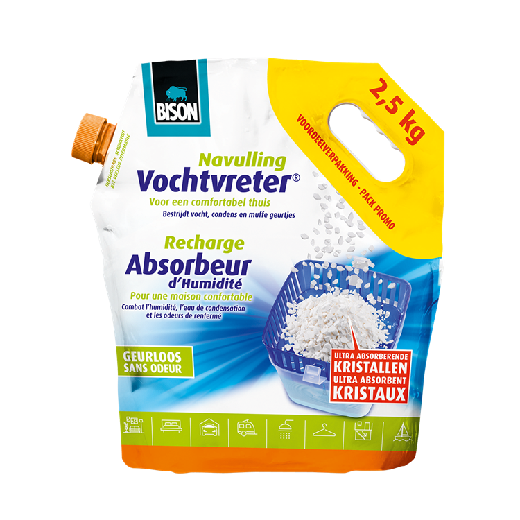 Afbeelding laden in galerijviewer, Bison vochtvreter® losse kristallen neutraal zak 2.5 kg, navulling voor een vochtvreter®, eenvoudig in gebruik, geschikt voor alle navullingen, voor alle woonruimtes, campers, caravans