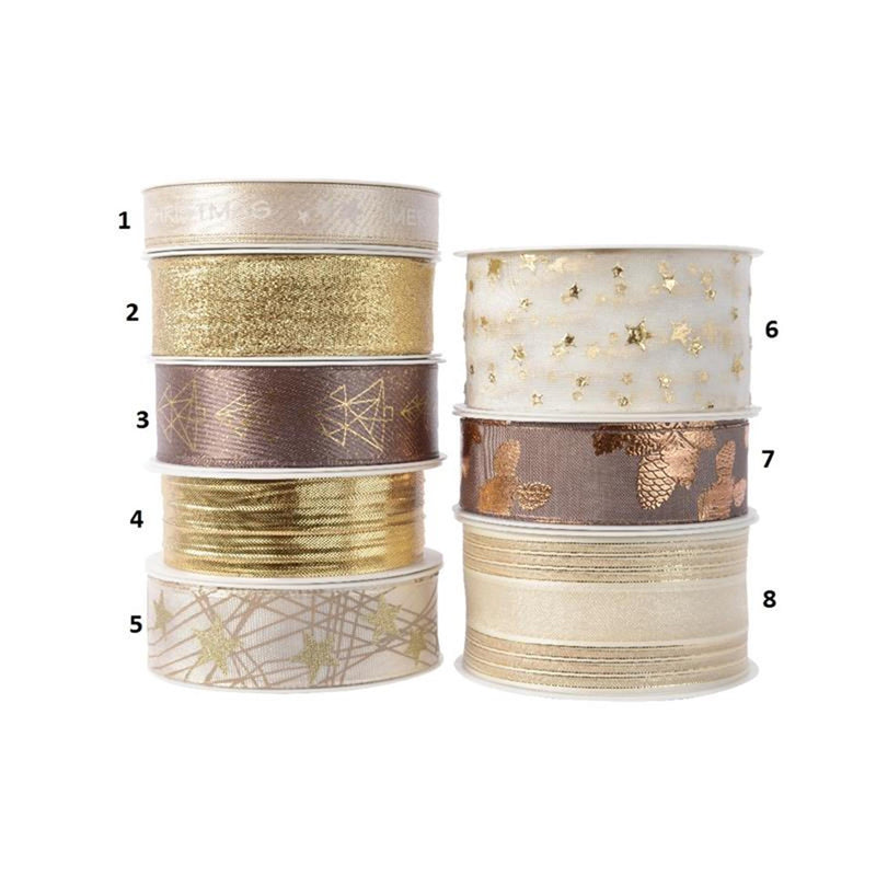 Afbeelding laden in galerijviewer, Decoris kerstlint in diverse maten 8 assorti goud wol wit brons