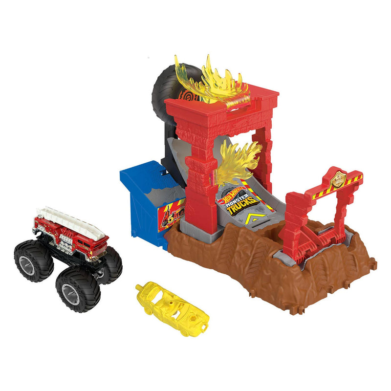 Load image into Gallery viewer, Hot Wheels Monster Trucks Arena Smash 5 Alarm Fire Crash Speelset