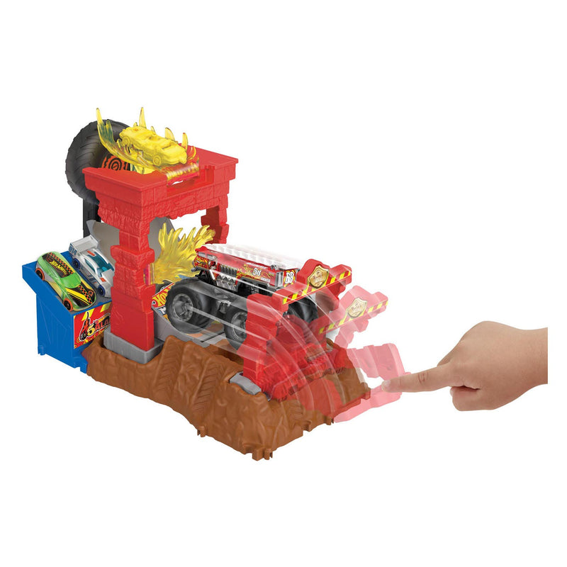 Load image into Gallery viewer, Hot Wheels Monster Trucks Arena Smash 5 Alarm Fire Crash Speelset
