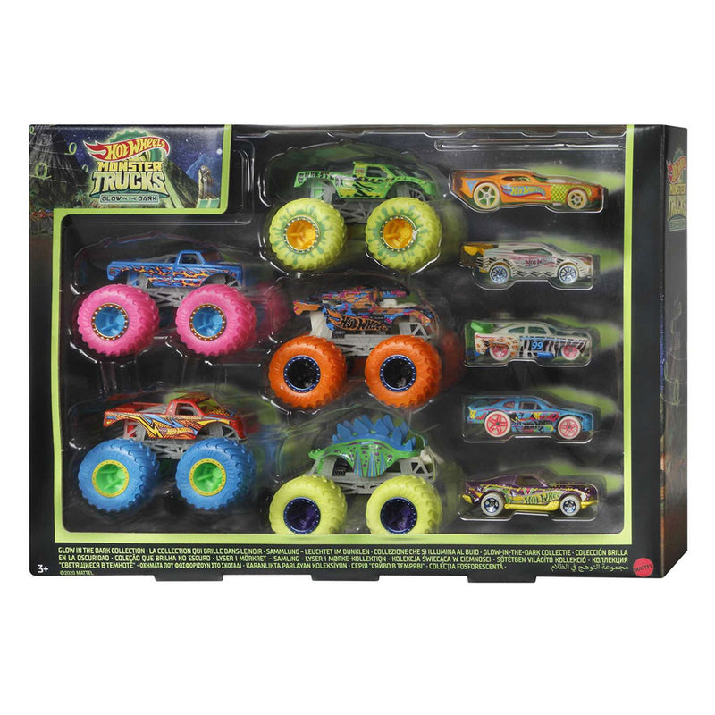 Afbeelding laden in galerijviewer, Hot wheels monster trucks set met 10 speelgoedvoertuigen die licht geven in het donker