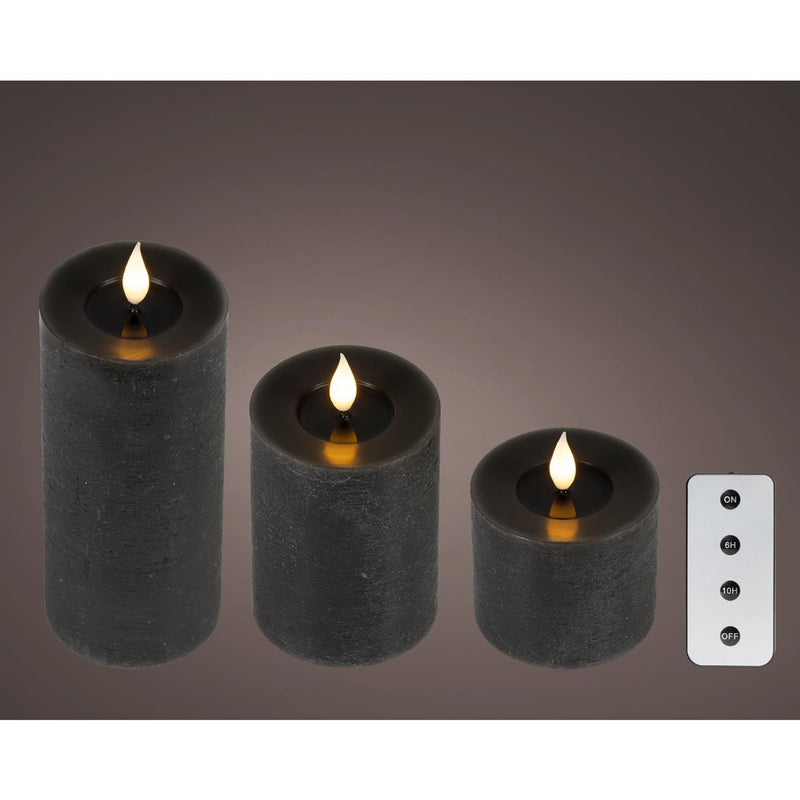 Afbeelding laden in galerijviewer, Lumineo 3-delig realistische led kaars met wax pit en vlam effect ã˜7.5 hoogte 9,5-13,5-20cm zwart met timer werkt op afstandsbediening en batterij