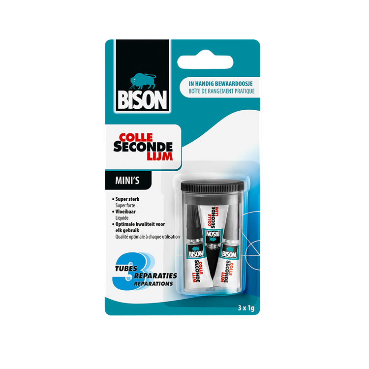Afbeelding laden in galerijviewer, Bison secondelijm vloeibaar mini's 3 x 1g, sterke secondelijm, speciale min verpakking, vaatwasser bestendig, water resistent, voor iedere reparatie in en om het huis