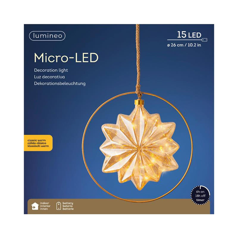 Laden Sie das Bild in Galerie -Viewer, Lumineo led ster glas met 15 micro led lampen in een metalen ring- 㘠26cm werkt op batterij met timer