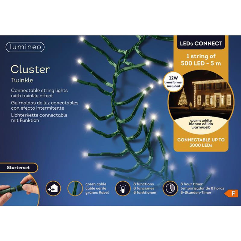 Afbeelding laden in galerijviewer, Lumineo led's koppelbare clusterverlichting warm wit 500cm-500l. inclusief startsnoer.