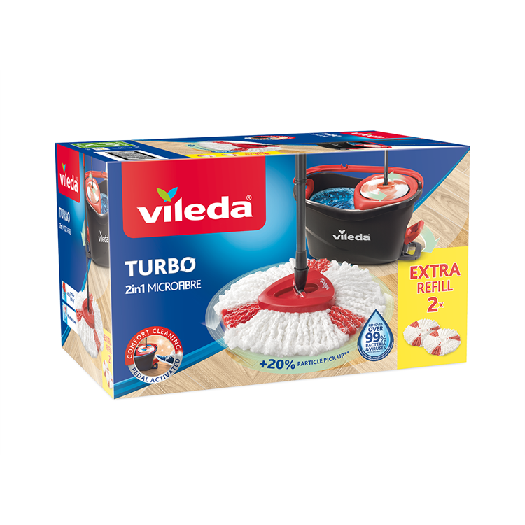 Afbeelding laden in galerijviewer, Vileda turbo mopset + 2 vervangende koppen - pedaalsysteem met 2 vervangingen - microvezelmop 2in1