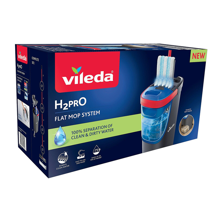 Afbeelding laden in galerijviewer, Vileda h2pro flatmop systeem complete dweilset, twee gescheiden waterreservoirs, waterbesparend ontwerp, altijd schoon water