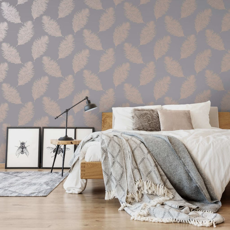 Load image into Gallery viewer, Dutch wallcoverings behang fawning feather grijs en roségoudkleurig