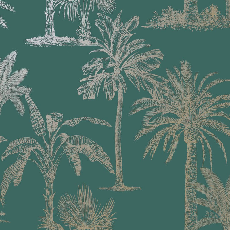 Load image into Gallery viewer, Dutch wallcoverings behang tropical trees teal en zilverkleurig