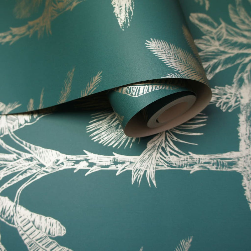 Load image into Gallery viewer, Dutch wallcoverings behang tropical trees teal en zilverkleurig
