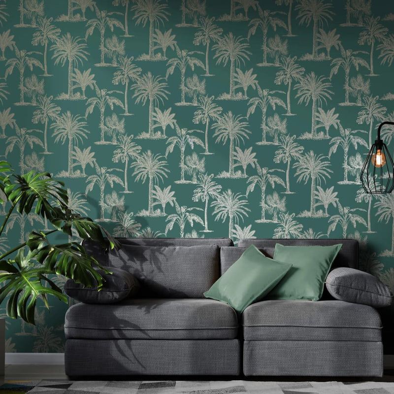 Load image into Gallery viewer, Dutch wallcoverings behang tropical trees teal en zilverkleurig