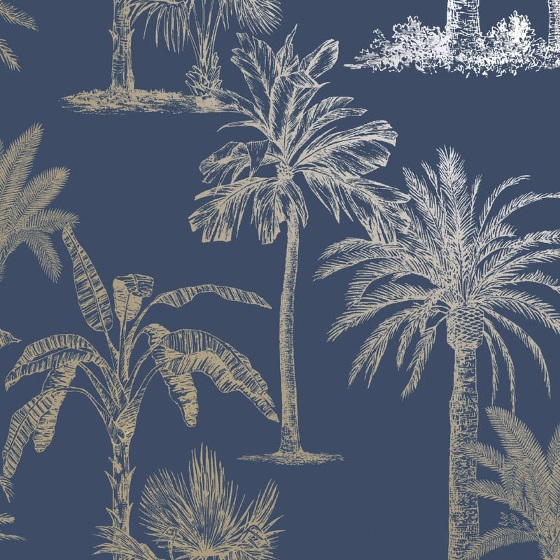 Load image into Gallery viewer, Dutch wallcoverings behang tropical trees marineblauw en zilverkleurig