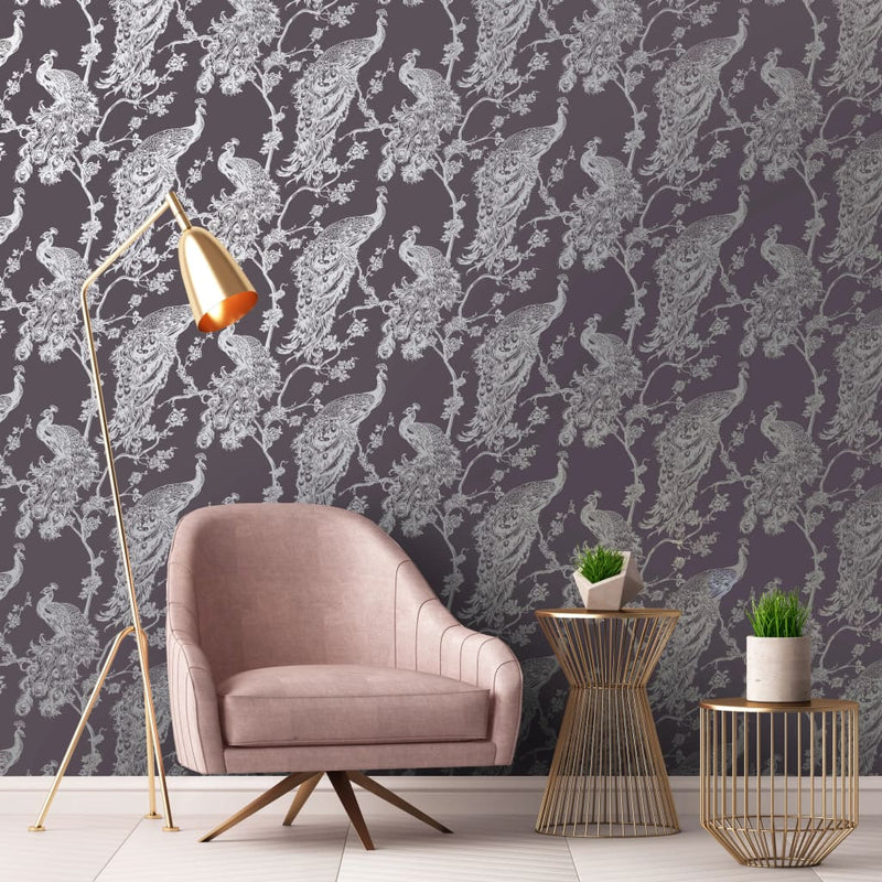 Load image into Gallery viewer, DUTCH WALLCOVERINGS DUTCH WALLCOVERINGS Behang Peacock paars en zilverkleurig