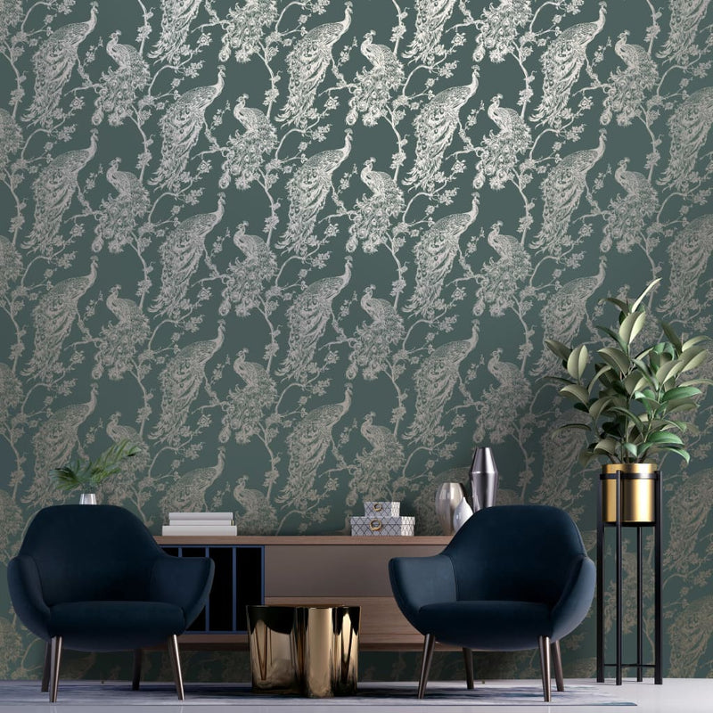 Load image into Gallery viewer, DUTCH WALLCOVERINGS DUTCH WALLCOVERINGS Behang Peacock groen en zilverkleurig