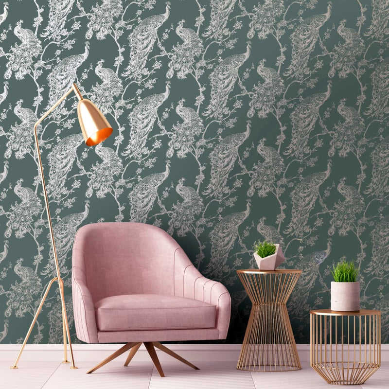 Load image into Gallery viewer, DUTCH WALLCOVERINGS DUTCH WALLCOVERINGS Behang Peacock groen en zilverkleurig