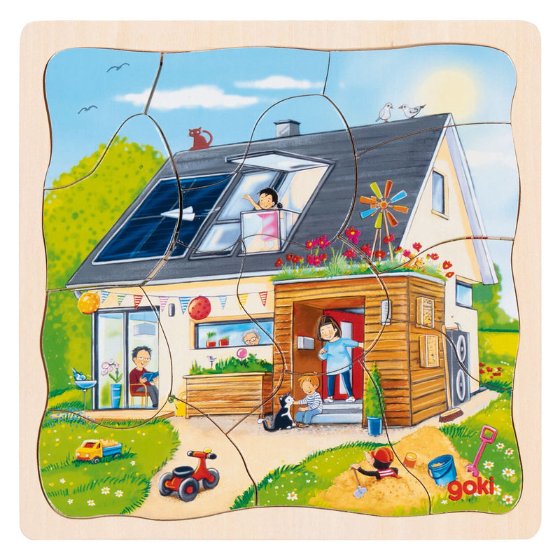 Afbeelding laden in galerijviewer, Goki houten 3-lagen puzzel - huis bouwen - 35st.