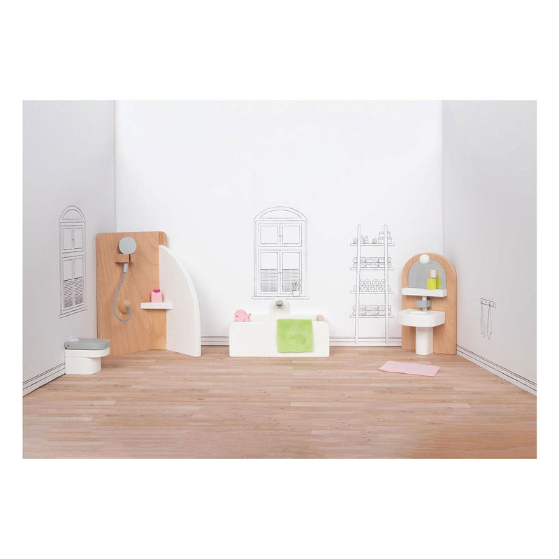 Afbeelding laden in galerijviewer, Goki poppenhuismeubeltjes: design badkamer, 10-delig, 11,2x6,2x6cm (bad), beukenhout en stof, 3+