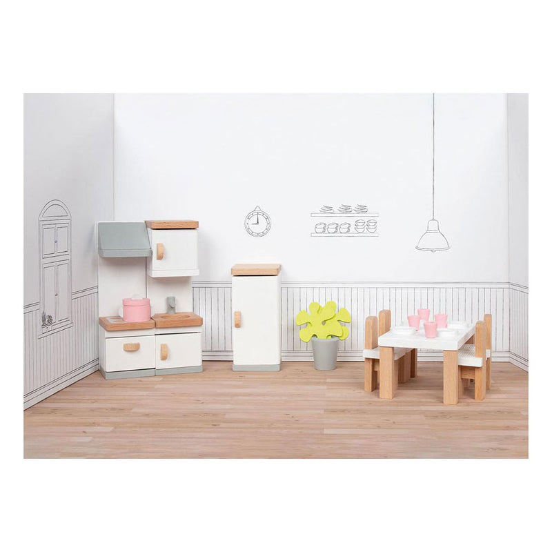 Afbeelding laden in galerijviewer, Goki poppenhuismeubeltjes: design keuken, 20-delig, 10x6,5x5cm (tafel), beukenhout en stof, 3+