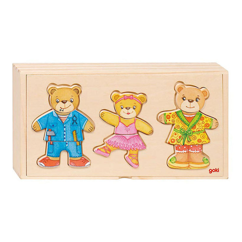 Load image into Gallery viewer, Goki houten aankleedpuzzel beren in houten box, 36st.