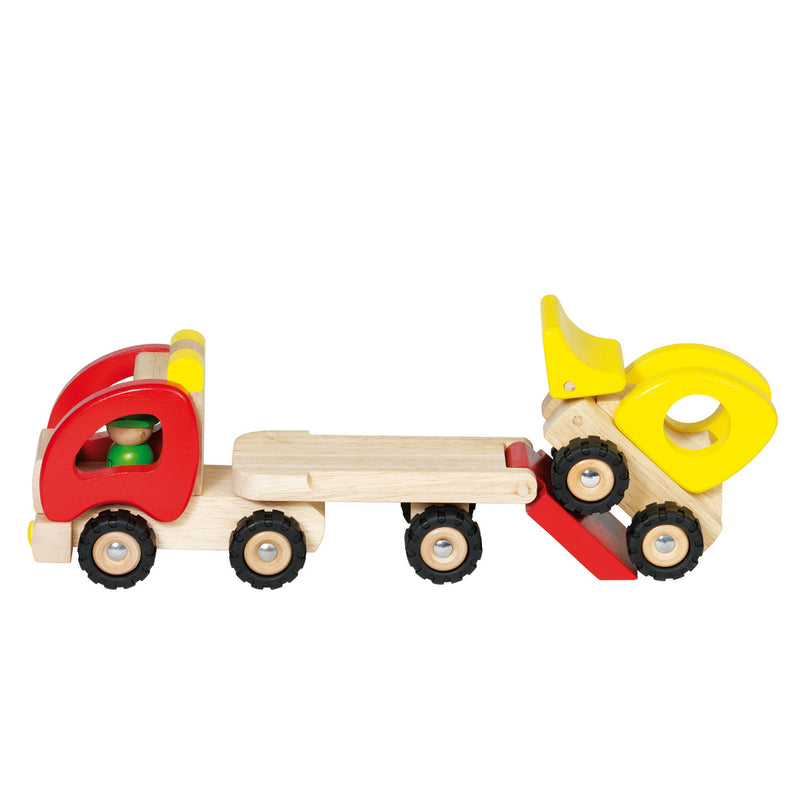 Afbeelding laden in galerijviewer, Goki houten voertuig: oplegger met bulldozer 34x8,5x12,5cm, met rubberen banden, 2+