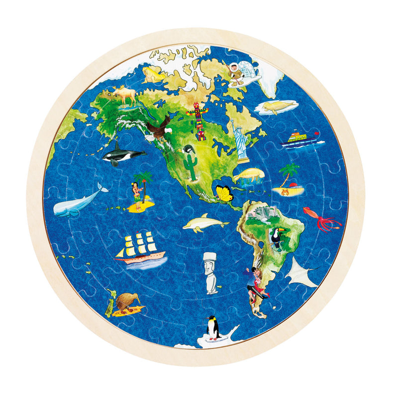 Load image into Gallery viewer, Goki dubbelzijdige houten puzzel - wereldbol, 57st.