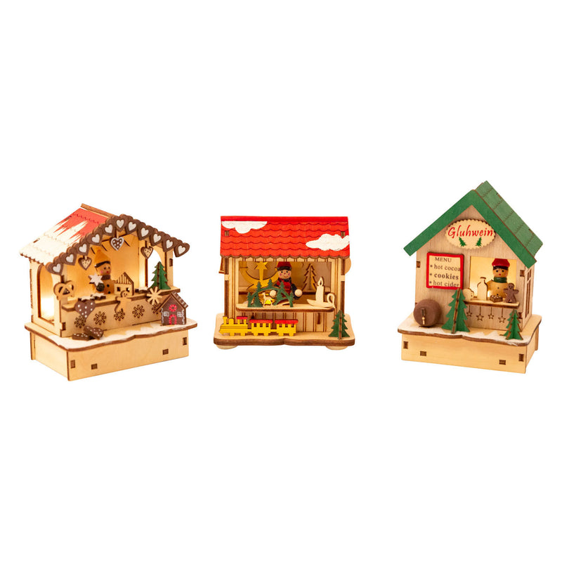 Load image into Gallery viewer, Small Foot Houten Decoratie Kerstmarkt met Lampjes, Set van 3