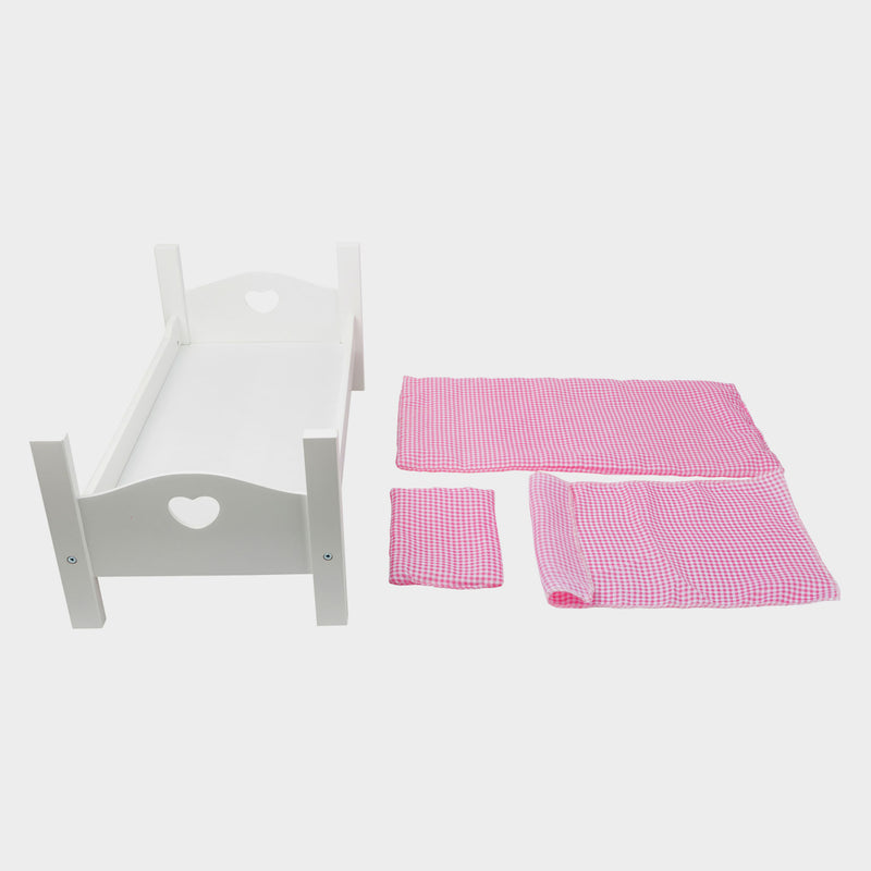 Afbeelding laden in galerijviewer, Small foot houten poppenbed met beddengoed 50 cm wit roze