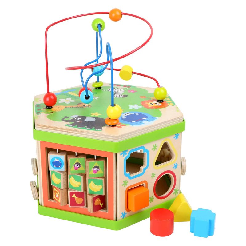 Load image into Gallery viewer, Small foot - houten activitetenkubus met motoriekspiraal safari