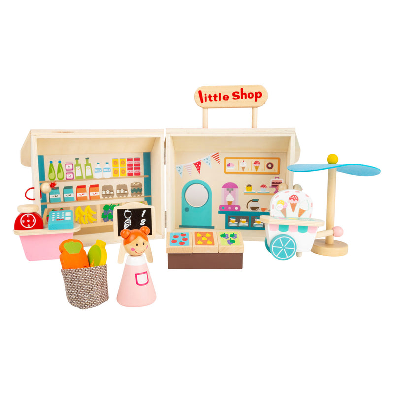 Afbeelding laden in galerijviewer, Small foot - houten meeneem speelwinkel poppenhuis, 15dlg.