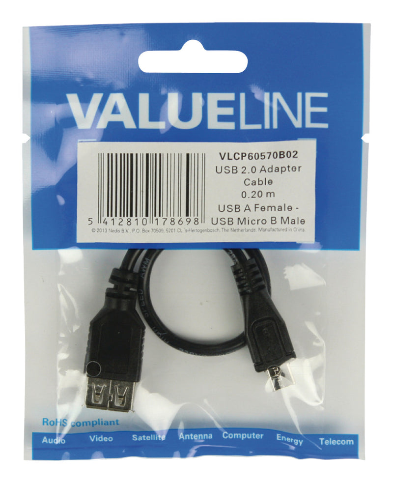 Load image into Gallery viewer, Valueline vlcp60570b02 usb 2.0 usb micro b mannelijk - usb a vrouwelijk adapter kabel 0,20 m zwart