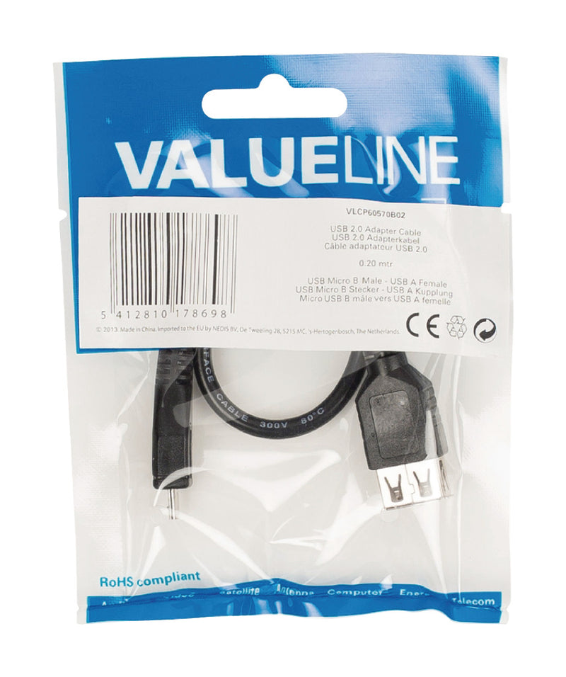 Load image into Gallery viewer, Valueline vlcp60570b02 usb 2.0 usb micro b mannelijk - usb a vrouwelijk adapter kabel 0,20 m zwart